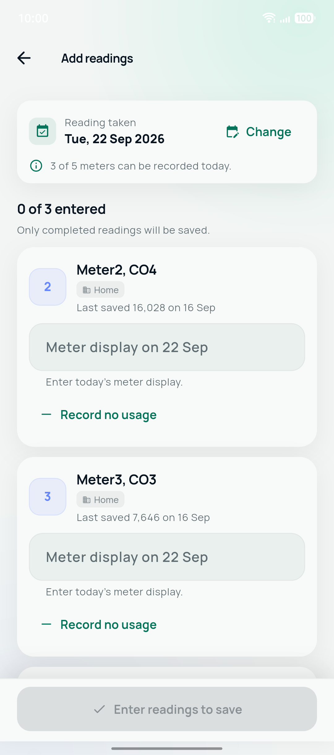 Batch meter-reading entry with date and previous values