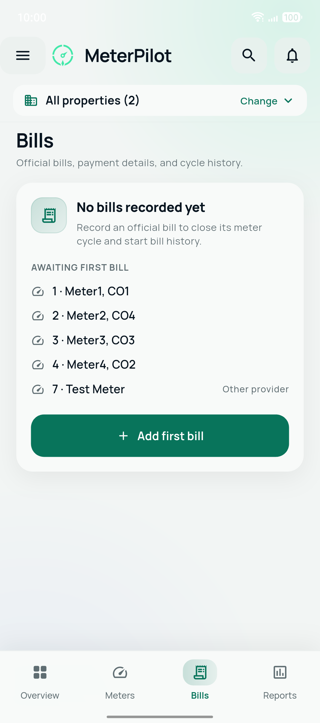 MeterPilot Bills screen listing meters that are awaiting their first official bill