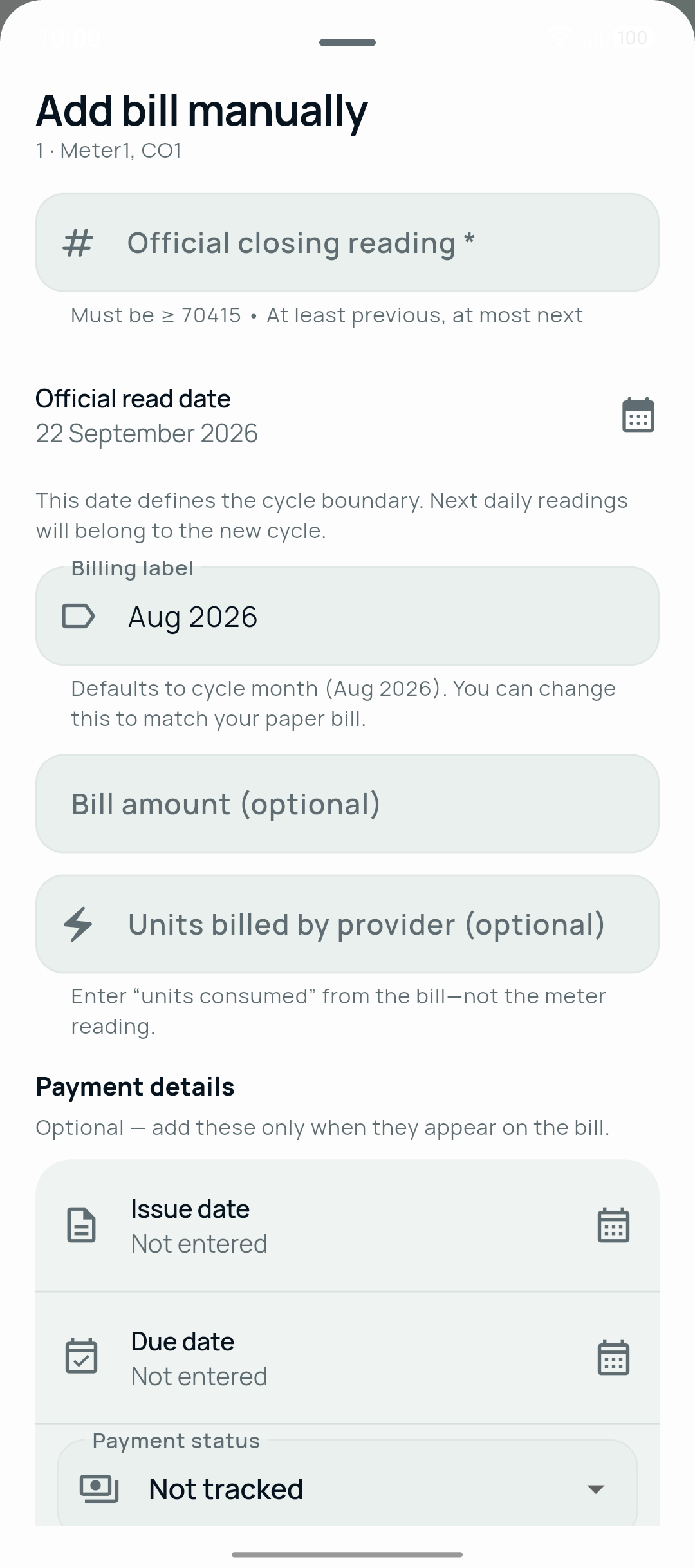 Manual official bill entry with payment details