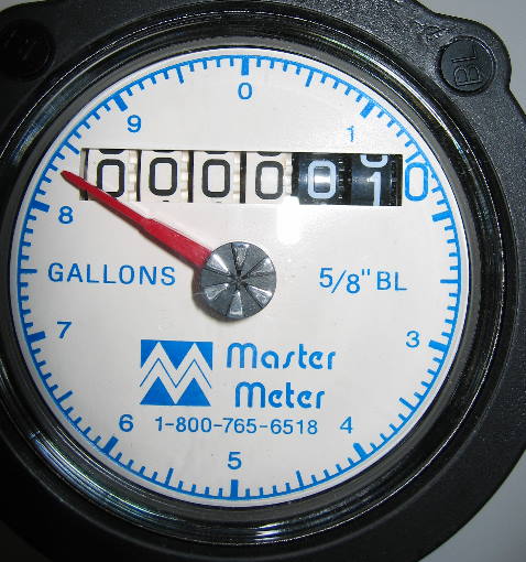 Water meter register with odometer digits and a red sweep pointer
